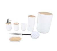 ViaGasaFamido Ensemble d'accessoires de Salle de Bain en Bambou 6 Pièces, Poubelle élégante en PP, Porte-brosse à Dents, Porte-savon pour Pendaison de Crémaillère, Porte-brosse de Toilette Moderne,