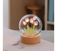 ViaGasaFamido Lampe de Nuit LED Boule de Cristal avec Base en Bois Veilleuse Fleur Tulipe 3D pour Chambre, Bureau, Décoration Maison, Idée