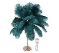 ViaGasaFamido Lampe de Table LED avec Abat-jour en Plumes d'Autruche, Vert Foncé, 55cm, Rechargeable USB, 3 Températures de Couleur, Tactile