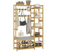 VIAGDO Meuble d'entrée Vestiaire avec Banc, Porte-Manteau en Bambou avec 5 Étagère de Rangement, 10 Crochets à Double Broche, 6 Crochets en S, Meuble Chaussures pour Entrée, Couloir et Chambre