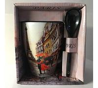 VIANAYA - Mug Paris Tour Eiffel et autres monuments de Paris - motif Amoureux de Paris sous un parapluie - taille moyenne 10,5CM avec une cuillere - aspect satiné