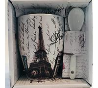 VIANAYA - Mug Paris Tour Eiffel et autres monuments de Paris - motif écritures - taille moyenne 10,5CM avec cuillere - aspect satiné