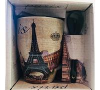 VIANAYA -Mug Paris Tour Eiffel et autres monuments de Paris - motif Le Louvre - taille moyenne 10,5CM avec cuillere - aspect satiné