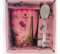 VIANAYA - Mug Paris Tour Eiffel et autres monuments de Paris - motif Macarons de Paris - taille moyenne 10,5CM avec une cuillere - couleur rose vif - aspect brillant