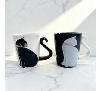 VIBELL Lot de 2 Tasses à Café Chat Noir et Blanc avec Anse en Forme de Queue, Tasses en Céramique avec Design Chat