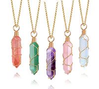 VIBILIA Collier en cristal de guérison enveloppé de fil de fer naturel avec pendentif hexagonal Reiki spirituel en quartz pour homme et femme, Alliage de cuivre, Quartz, améthyste, aventurine