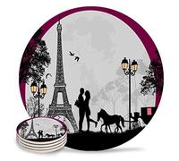 Vibiliyou Lot de 4 dessous de verre absorbants en céramique, décorés avec un carrosse amoureux et une tour Eiffel sous la lune de 10,2 cm et avec une base en liège, idéal pour les tables basses et en