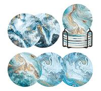 Vibiliyou Lot de 6 dessous de verre en marbre bleu océan avec support, pas de rayures et de saleté, dessous de verre absorbants en céramique avec base en liège