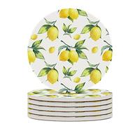 Vibiliyou Lot de 6 dessous de verre ronds en céramique avec feuilles de citron tropicales et motifs, parfaits comme cadeau de pendaison de crémaillère ou pour décoration d'intérieur