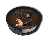 Vibiliyou Lot de 6 dessous de verre tendance avec motif chouette et renard avec support, tasses rondes et tapis pour boissons comme cadeaux pour boissons et protection de table, idéal pour une