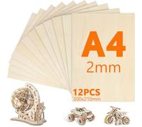 VIBINHO 12 Pièces Contreplaqué A4, 300mm×210mm Contreplaqué 2mm, Planche en Bois Bricolage, Bois pour Pyrogravure, Gravure, Modélisme, Découpe Laser, Décoration, Peintures