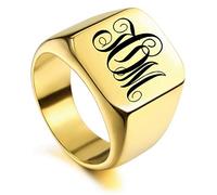 VIBOOS chevalière Initiale gravée personnalisée Monogramme pour Hommes Femmes garçons Hommes Anneaux en Acier Inoxydable, Paquet avec ajusteurs de Taille de Bague (Couleur Or)