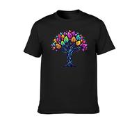 Vibrant Black Cotton Crew Neck Tee Showcasing Colorful Tree of Life Design, Artistic & Lively S