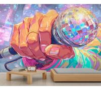 Vibrant Disco Mic Wall Art Mural - Neon City Background, Autoadhésif Grand Fond d'écran pour Décor Thème Retro 70s 250x175cm (Non autocollant)