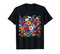 Vibrant Garden Bloom Collage Rouge Bleu Blanc Formes Mania T-Shirt