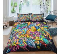 Vibrant Street Art Ensemble De Literie résistante 3 Pièces 3D Effet Léger Coloré Mural Style Housse de Couette avec Taie d'oreiller Facile d'entretien for Chambre de Adolescents Single（140x200cm）