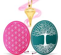 VIBRATIS Pendule Divinatoire Goutte Doré + Fleur de Vie en Bois pour Recharger Pierres et Pendules Divinatoires - Support avec Arbre de Vie ⌀15 cm