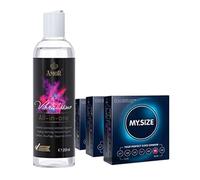 Vibratissimo Play Gel tout-en-un 250 ml & Préservatifs MY.SIZE lot de 3 I Lubrifiant chauffant, picotant & renforçant l'orgasme I Lubrifiant base d'eau & Préservatifs largeur 57, 60, 64 mm