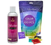 VIBRATISSIMO Préservatifs Color - lot de 100 & lubrifiant I Sensationnels & extra lubrifiés I Préservatifs colorés I Contraception pour hommes I Pack coloré avec rouge, noir, vert, jaune, or