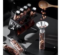 Vibsky Présentoir de rangement pour grains de café à dose unique avec 8 tubes en verre, valve d'échappement unidirectionnelle, base en bois massif et entonnoir pour cuisine ou café