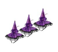 VICASKY 3 pièces Bandeau Sorcière Halloween avec Chapeau Paillettes et Dentelle Accessoire Léger et Confortable pour Fête Cosplay Femme