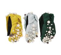 VICASKY 3 Pièces Bandeaux Vintage Tissu avec Nœud Perles pour Fêtes Accessoires de Cheveux pour Mariages et Événements Spéciaux Jaune Bleu Vert Foncé