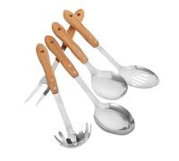 VICASKY 5 Pièces Kitchen Utensils Set Stainless Steel Solid Slotted Spoons Ladles Fork With Heat Resistant Bamboo Handles For Salad Serving Home Cooking Camping