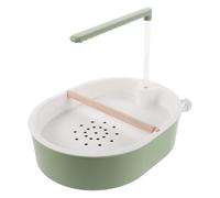 VICASKY Automatique pour Perroquets avec Pompe Réglable 5 W, Bac Plastique Hygiénique Vert Gris-Bleu 20 Cm, Tube Transparent et Bâton en Hêtre, Fontaine Intérieure USB pour Bain Perruches