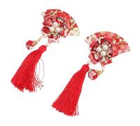 VICASKY Barrette Japonaise en Tissu Rouge Forme Éventail Pompon, Lot de 2 Pièces Chic et Élégant pour Femmes, pour Noël et Fêtes Nouvel An