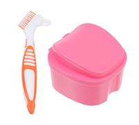 VICASKY Boîte pour Prothèse Dentaire Compacte en Plastique Brosse Souple pour Nettoyage, Ensemble Étui Rose et Brosse Orange, Portable pour Voyage et Usage Quotidien