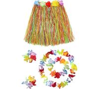 VICASKY Ensemble de Fête Hawaïen 5 Pièces Jupe de Paille 40 Cm, Guirlande Tropicale Colorée et Collier Luau pour Costume D’halloween et Décoration Plage