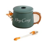 VICASKY Gobelet à Café en Céramique Couvercle et Cuillère, Motif Corgi Vert Foncé, 420Ml, Usage Domestique et Voyage
