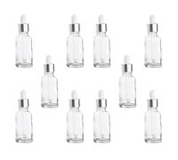 VICASKY Lot de 10 Flacons Compte-Gouttes d'Huile Essentielle en Verre 30 Ml Transparents Pipette en Plastique Blanc et Anneau Argenté Distributeurs Hermétiques Anti-Fuite pour Voyage et