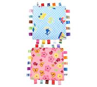VICASKY Lot de 2 Couvertures Bébé à Étiquettes Multicolores, Doudous en Peluche Ultra-doux pour -nés, Stimulation Sensorielle et Motricité Fine, Apaisants pour Bébé, Taille Petite, Motifs