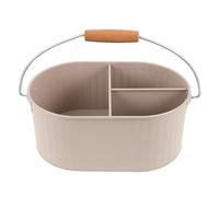 VICASKY Panier de Rangement pour Salle de Bain en Métal Blanc Cassé avec Grosse Capacité, Poignée en Bois Naturelle, Seau Polyvalent pour Produits de Bain et Articles de Toilette,