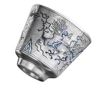 VICASKY Tasse à Thé Chinoise Argentée Bleu Blanc Dragon, 45ml, Ronde | Style Rétro Classique, Surface Lisse et Bord Confortable, pour Dégustation du Thé Gongfu en Restaurant