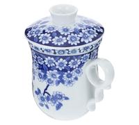 VICASKY Tasse à Thé en Porcelaine Chinoise Bleu et Blanc Filtre, Couvercle et Plateau, 1 Pièce, pour Maison et Bureau, Tasse Vintage pour Dégustation de Thé et Infusion