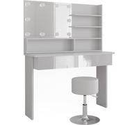Vicco Coiffeuse Azur, 120cm avec éclairage LED et tabouret, Blanc/Blanc Haute brillance