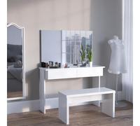 Vicco Coiffeuse Azur, Blanc, 120cm avec Banc, Deux tiroirs coulissants faciles - palettes, pinceaux et Bijoux immédiatement rangés