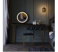 Vicco coiffeuse Bella, Noir Haute brillance, 120 cm avec miroir LED et tabouret