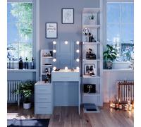 Vicco Coiffeuse Conrada, Blanc 80 cm | ✓ Miroir avec guirlande LED · 4 tiroirs · Sur pied · Miroir coulissant · Compartiment ouvert