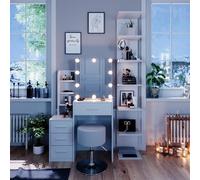 Vicco Coiffeuse Conrada, Blanc 80 cm | ✓ Miroir avec guirlande LED · ✓ Tabouret · 4 tiroirs · Sur pied · Miroir coulissant