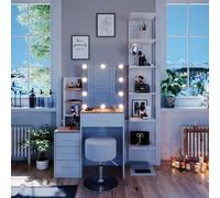 Vicco Coiffeuse Conrada, Blanc/Sonoma 80 cm | ✓ Miroir avec guirlande LED · ✓ Tabouret · 4 tiroirs · Sur pied · Miroir coulissant