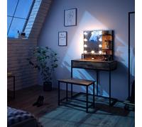 Vicco Coiffeuse Fyrk, Bois Antique, 80cm avec éclairage LED et Chaise, adapté comme siège et Surface de Rangement pour la Zone de Maquillage