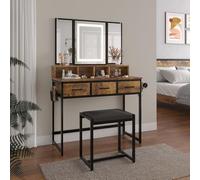 Vicco Coiffeuse Fyrk, Chêne Rustique, 90cm avec Tabouret et Miroir LED, avec Support intégré pour sèche-Cheveux et éclairage LED en 3 Couleurs