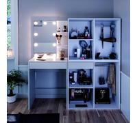 Vicco Coiffeuse Isabelle, Blanc 140 cm | ✓ Miroir avec guirlande LED · 1 Tiroir · ✓ 2x meuble d'appoint · Sans poignées · Forme compacte