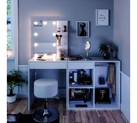 Vicco Coiffeuse Isabelle, Blanc, 140cm avec LED, Tabouret et Armoire