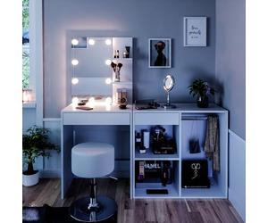 Vicco Coiffeuse Isabelle, Blanc, 140cm avec LED, Tabouret et Armoire, Peu encombrant et Fonctionnel à la Fois