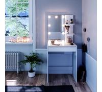 Vicco Coiffeuse Isabelle, Blanc 60 cm | ✓ Miroir avec guirlande LED · 1 Tiroir · Sur pied · Sans poignées · Forme compacte