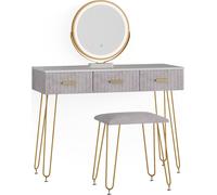 Vicco Coiffeuse Layla, Gris/Blanc, 100 cm avec éclairage LED et Tabouret